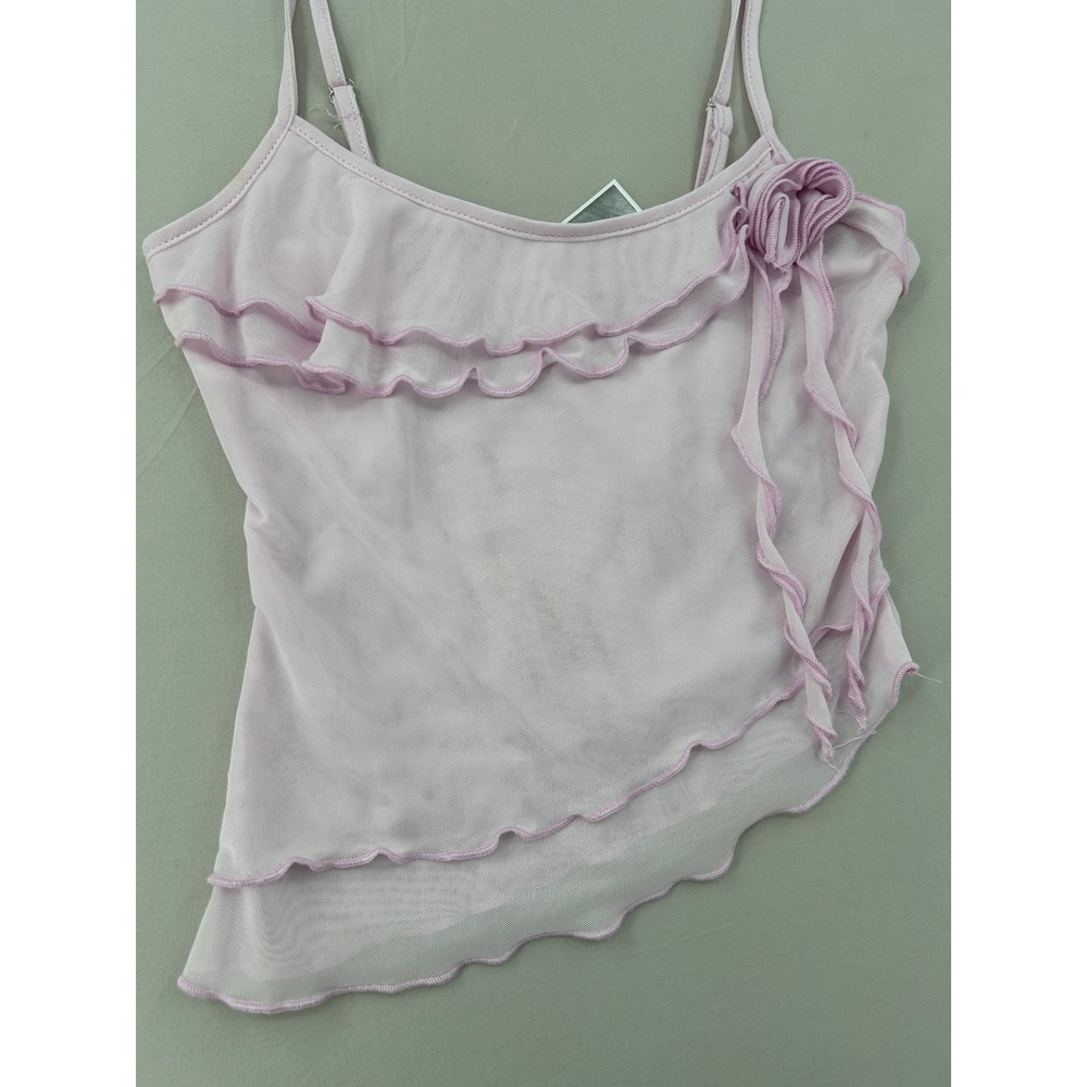 Lilac Pink Mesh Ruffle Rosette Camisole Top Asymmetrical Y2K Cami Size Small - Picture 4 of 9